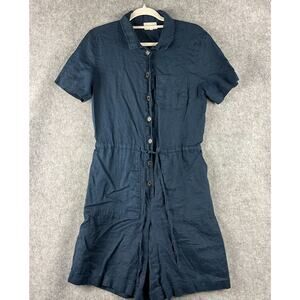 4Our Dreamers Linen Romper Womens Medium Blue Elastic Waist Beach Coastal Casual